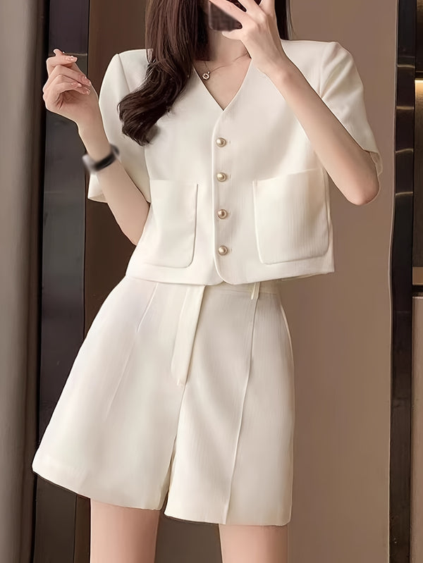 Elegant White V-Neck Blouse with Button Details and Pockets, Paired with High-Waisted Wide-Leg Shorts - Chic Two-Piece Outfit for Women, Perfect for Casual or Office Wear, Versatile Fashion | Vneck Blouse | Button Detailing,