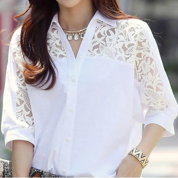 여름 블라우스 여성 Blusas Mujer De Moda 2024 턴다운 칼라 오피스 화이트 블라우스 여성 셔츠 여성용 상의 및 블라우스 B286