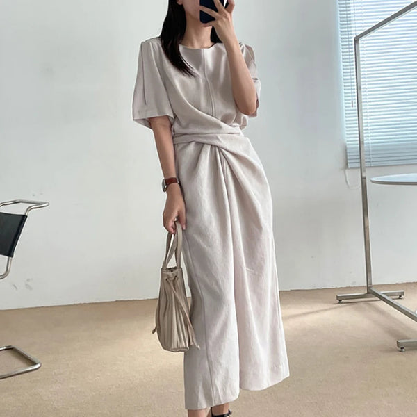 Summer Ele round Ne Cross Tie Waist Slimming Midi ort Sve Dr Women's Faionable Design Polyester Fiber Long Dr