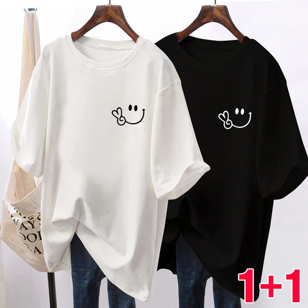 Style Baby 1+1 Set Women's Summer Overfit Short Sleeve T-Shirt Smile t Ts2842