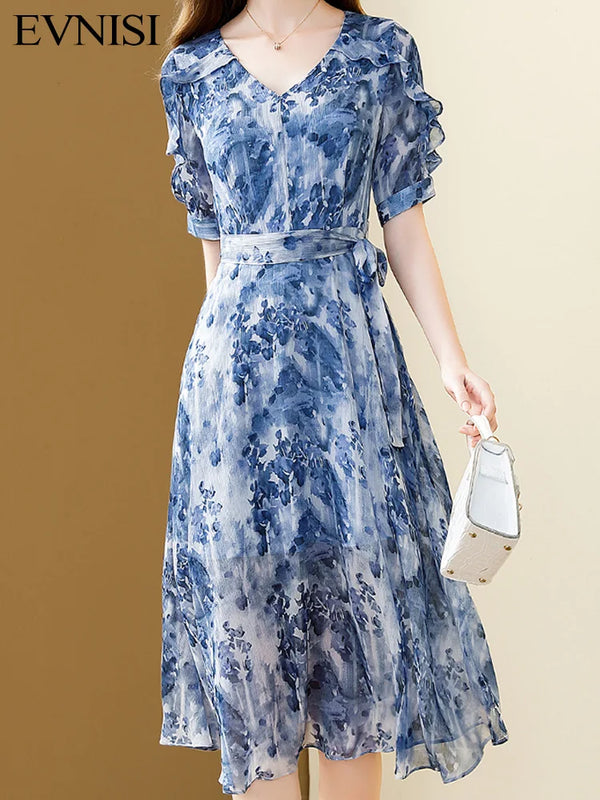 EVNISI Chic Women Floral Printing Blue Chiffon Dress V-Neck Elegant Office A-line Dresses Party Slim Vestido For Women Summer