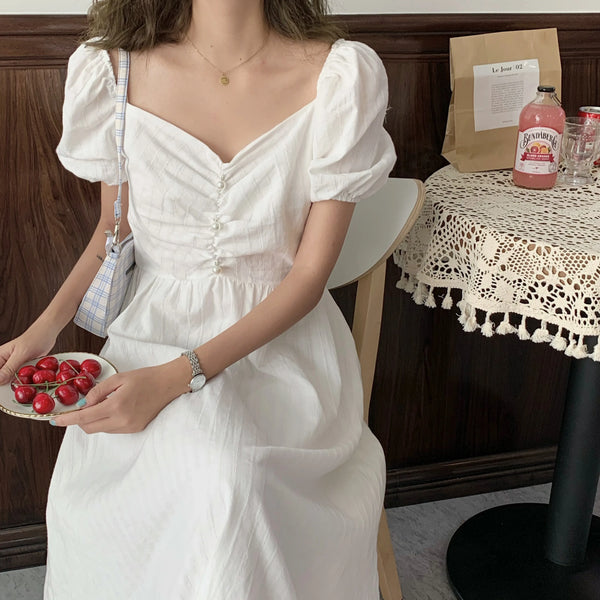 Retro White Women's Dr with Bubble Sves Commute Sle Long Skirt ort Sve Other Material 00% Summer 2024
