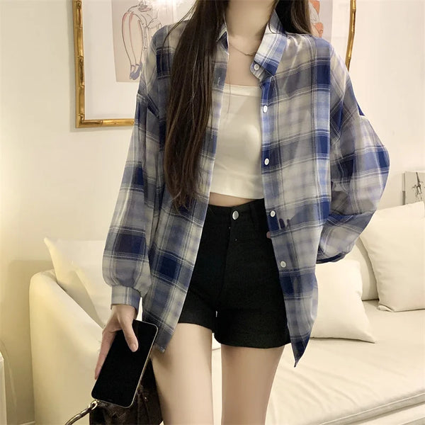 Style Au-check Southern Blouses Spring Summer Autumn Women Thin Sun-proof Daily Casual Loose Long-sleeved Shirt BL1460