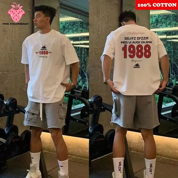 American Street Letter Print T-shirt Men Summer 2025 New 100%Cotton High quality Short Sleeve Tee Gym Sport Top Y2k Men clothing