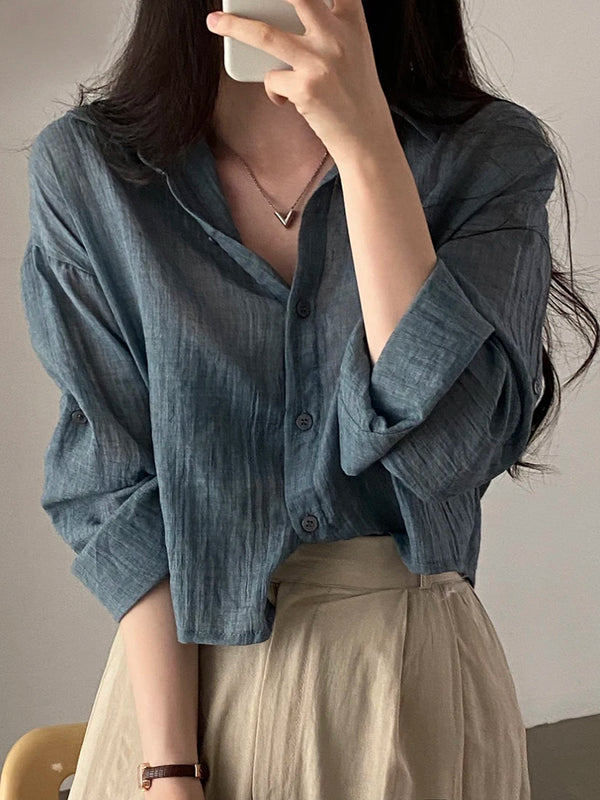 Summer Chic Women's Long Sve Thin Sun Protection irt Stand Collar Pleated Design Straight Cut Faionable Top