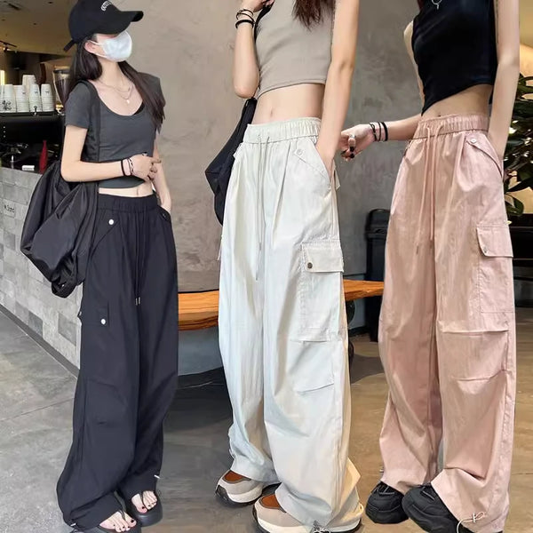 Retro American Quick Dry Work Pants Women Summer Ice Silk Trousers Multi Pocket Climbing Mountain Sports Wide Leg Trousers