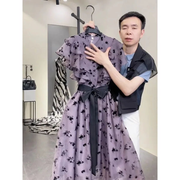 Korean purple printed dress female summer new fashion temperament covering meat luxury elegant gentle floral temperament skirt.