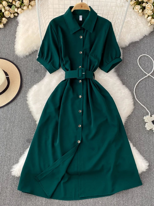 Summer Korean Sle Gentle Vintage ort Sve Turn-down Collar Waist-cinching Slimming Single Button A-line irt Dr Women
