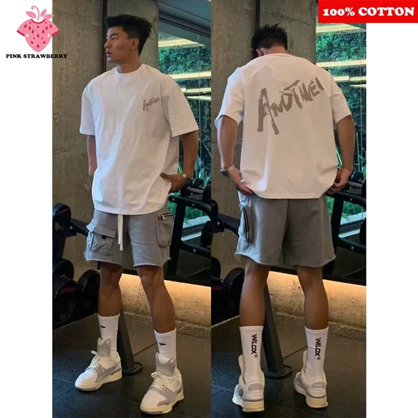 High quality Overfit Short Sleeve T-shirt Men Summer 2025 New 100% Cotton Letter Print Loose Tee Street Gym Sport Men clothing