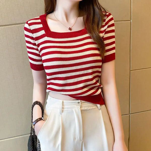 Style Baby Women's Striped Square Neck Knit Top Spring Summer Casual Short Sleeve Tee Kn1585